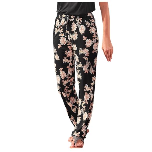 Sommer-Hose im Boho-Stil, Blumendruck, Retro, Zugseil, lockere Taille, Haremshose, Hip-Hop-Stil, Strand, UK, Damen-Leinen-Mischgewebe, Stretch, Lounge-Hose, Taschen, Baggy Hippie (B1, XL) von SPSMOKH