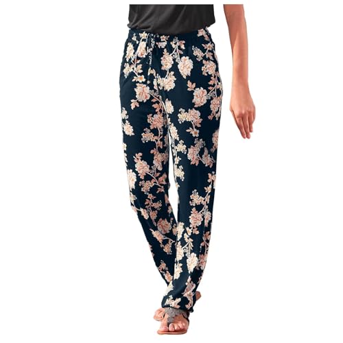 Sommer-Hose im Boho-Stil, Blumendruck, Retro, Zugseil, lockere Taille, Haremshose, Hip-Hop-Stil, Strand, UK, Damen-Leinen-Mischgewebe, Stretch, Lounge-Hose, Taschen, Baggy Hippie (B2, L) von SPSMOKH