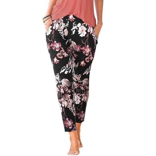 Sommer-Hose im Boho-Stil, Blumendruck, Retro, Zugseil, lockere Taille, Haremshose, Hip-Hop-Stil, Strand, UK, Damen-Leinen-Mischgewebe, Stretch, Lounge-Hose, Taschen, Baggy Hippie (B5, XXL) von SPSMOKH