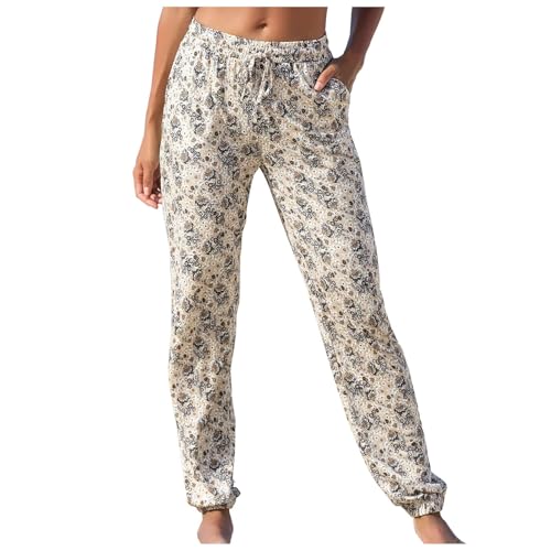 Sommer-Hose im Boho-Stil, Blumendruck, Retro, Zugseil, lockere Taille, Haremshose, Hip-Hop-Stil, Strand, UK, Damen-Leinen-Mischgewebe, Stretch, Lounge-Hose, Taschen, Baggy Hippie (E2, L) von SPSMOKH