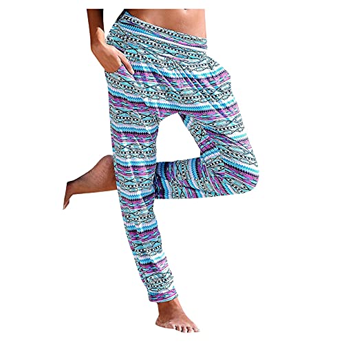 Sommer-Hose im Boho-Stil, Blumendruck, Retro, Zugseil, lockere Taille, Haremshose, Hip-Hop-Stil, Strand, UK, Damen-Leinen-Mischgewebe, Stretch, Lounge-Hose, Taschen, Baggy Hippie (F3, XL) von SPSMOKH