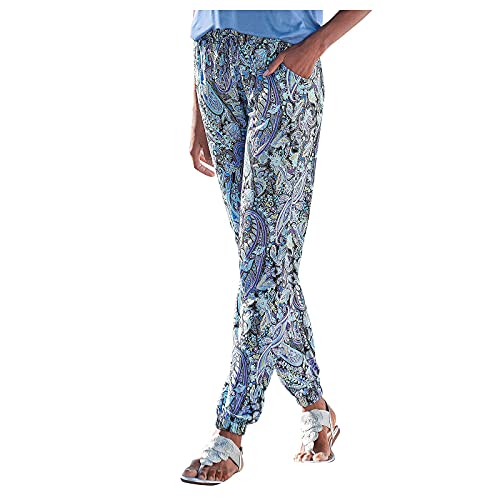 Sommer-Hose im Boho-Stil, Blumendruck, Retro, Zugseil, lockere Taille, Haremshose, Hip-Hop-Stil, Strand, UK, Damen-Leinen-Mischgewebe, Stretch, Lounge-Hose, Taschen, Baggy Hippie (H1, XL) von SPSMOKH