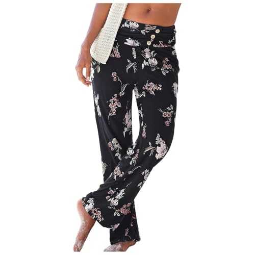 Sommer-Hose im Boho-Stil, Blumendruck, Retro, Zugseil, lockere Taille, Haremshose, Hip-Hop-Stil, Strand, UK, Damen-Leinen-Mischgewebe, Stretch, Lounge-Hose, Taschen, Baggy Hippie (T1, XL) von SPSMOKH