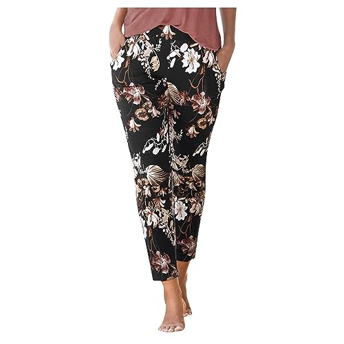 Sommer-Hose im Boho-Stil, Blumendruck, Retro-Stil, Zugseil, lockere Taille, Haremshose, Hip-Hop-Stil, Strand, UK, Damen-Leinen-Mischgewebe, Stretch, Lounge-Hose, Taschen, Baggy Hippie (B7, M) von SPSMOKH