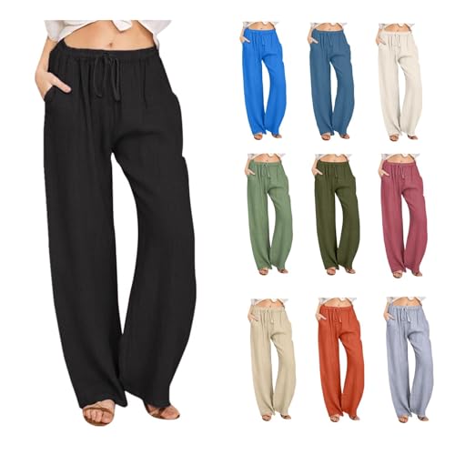 Sommer-Strandhose für Damen, elastischer Bund mit Kordelzug, lockere Passform, weites Bein, gerades Bein, einfarbig, mit Taschen, atmungsaktives Polyester-Baumwoll-Leinen-Stil für den Alltag (1#1, S) Sommer-Strandhose für Damen, elastischer Bund mit Kordelzug, lockere Passform, weites Bein, gerades Bein, einfarbig, mit Taschen, atmungsaktives Polyester-Baumwoll-Leinen-Stil für den Alltag (1#1, S) von SPSMOKH