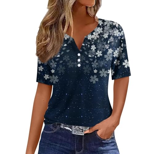 Sommer-Tops für Damen, elegante Blusen-Shirts, Übergröße, Urlaub, trendig, elegante Blusen, V-Ausschnitt, Knopf, Blumenmuster, kurzärmelig, lässig, locker, bequem, Stretch-Tunika, Top (#023 Dunkelblau Sommer-Tops für Damen, elegante Blusen-Shirts, Übergröße, Urlaub, trendig, elegante Blusen, V-Ausschnitt, Knopf, Blumenmuster, kurzärmelig, lässig, locker, bequem, Stretch-Tunika, Top (#023 Dunkelblau von SPSMOKH
