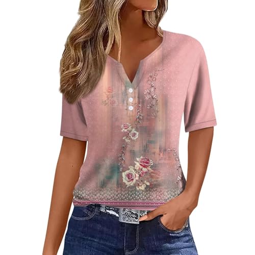 Sommer-Tops für Damen, elegante Blusen-Shirts, Übergröße, Urlaub, trendig, elegante Blusen, V-Ausschnitt, Knopf, Blumenmuster, kurzärmelig, lässig, locker, bequem, Stretch-Tunika, Top (#025 Pink, 3XL) Sommer-Tops für Damen, elegante Blusen-Shirts, Übergröße, Urlaub, trendig, elegante Blusen, V-Ausschnitt, Knopf, Blumenmuster, kurzärmelig, lässig, locker, bequem, Stretch-Tunika, Top (#025 Pink, 3XL) von SPSMOKH
