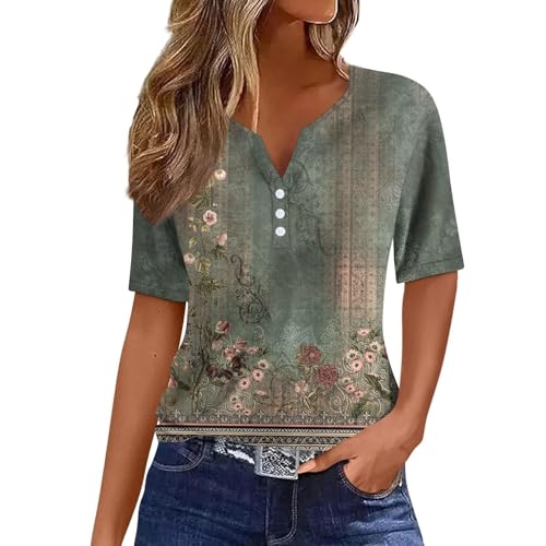 Sommer-Tops für Damen, elegante Blusen-Shirts, Übergröße, Urlaub, trendig, elegante Blusen, V-Ausschnitt, Knopf, Blumenmuster, kurzärmelig, lässig, locker, bequem, Stretch-Tunika, Top (#026, Armeegrün Sommer-Tops für Damen, elegante Blusen-Shirts, Übergröße, Urlaub, trendig, elegante Blusen, V-Ausschnitt, Knopf, Blumenmuster, kurzärmelig, lässig, locker, bequem, Stretch-Tunika, Top (#026, Armeegrün von SPSMOKH