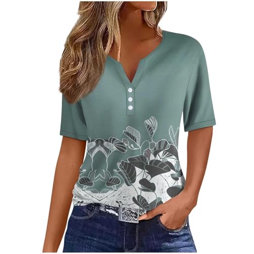 Sommer-Tops für Damen, elegante Blusen-Shirts, Übergröße, Urlaub, trendig, elegante Blusen, V-Ausschnitt, Knopf, Blumenmuster, kurzärmelig, lässig, locker, bequem, Stretch-Tunika, Top (#055 Hellblau Sommer-Tops für Damen, elegante Blusen-Shirts, Übergröße, Urlaub, trendig, elegante Blusen, V-Ausschnitt, Knopf, Blumenmuster, kurzärmelig, lässig, locker, bequem, Stretch-Tunika, Top (#055 Hellblau von SPSMOKH