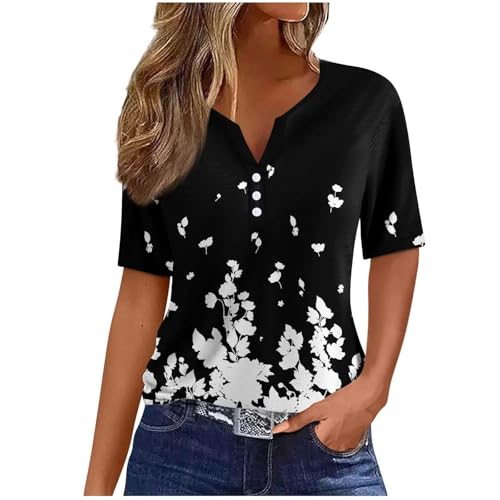 Sommer-Tops für Damen, elegante Blusen-Shirts, Übergröße, Urlaub, trendig, elegante Blusen, V-Ausschnitt, Knopf, Blumenmuster, kurzärmelig, lässig, locker, bequem, Stretch-Tunika-Oberteil (#045 Sommer-Tops für Damen, elegante Blusen-Shirts, Übergröße, Urlaub, trendig, elegante Blusen, V-Ausschnitt, Knopf, Blumenmuster, kurzärmelig, lässig, locker, bequem, Stretch-Tunika-Oberteil (#045 von SPSMOKH