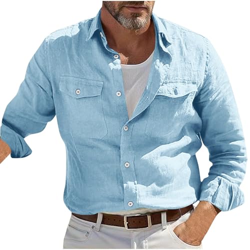 Taktisches Leinenhemd für Herren, langärmelig, Button-Down, mit Doppeltaschen, Militär-Stil, modisch, Outdoor-Overshirt für Großbritannien, ideal zum Angeln, Wandern und Arbeiten (Himmelblau, 3XL) von SPSMOKH