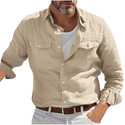 Taktisches Leinenhemd für Herren, langärmelig, Button-Down, mit Doppeltaschen, Militär-Stil, modisch, Outdoor-Overshirt für Großbritannien, ideal zum Angeln, Wandern und Arbeiten (Khaki, S) von SPSMOKH