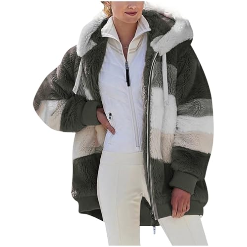 Teddy-Fleece-Jacke für Damen, warme Wintermäntel, Damen-Fleecejacken, durchgehender Reißverschluss, Kapuzenpullover, flauschiges Sweatshirt, Übergröße, lässiger Pullover mit Taschen (#001 Armeegrün Teddy-Fleece-Jacke für Damen, warme Wintermäntel, Damen-Fleecejacken, durchgehender Reißverschluss, Kapuzenpullover, flauschiges Sweatshirt, Übergröße, lässiger Pullover mit Taschen (#001 Armeegrün von SPSMOKH