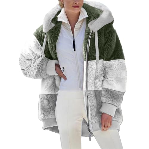 Teddy-Fleece-Jacke für Damen, warme Wintermäntel, Damen-Fleecejacken, durchgehender Reißverschluss, Kapuzenpullover, flauschiges Sweatshirt, Übergröße, lässiger Pullover mit Taschen (#012 Armeegrün, L Teddy-Fleece-Jacke für Damen, warme Wintermäntel, Damen-Fleecejacken, durchgehender Reißverschluss, Kapuzenpullover, flauschiges Sweatshirt, Übergröße, lässiger Pullover mit Taschen (#012 Armeegrün, L von SPSMOKH