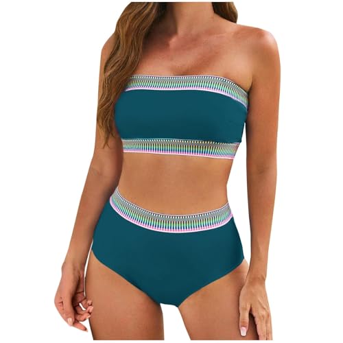 Trägerloser zweiteiliger Damen-Badeanzug, UK-Größen, hohe Taille, Boho-Hawaii-Druck und einfarbige Farben, schlichtes Schlauch-Top-Badeanzug für Damen, Himmelblau, Größe S Trägerloser zweiteiliger Damen-Badeanzug, UK-Größen, hohe Taille, Boho-Hawaii-Druck und einfarbige Farben, schlichtes Schlauch-Top-Badeanzug für Damen, Himmelblau, Größe S von SPSMOKH