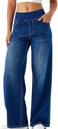 Weite Bein-Jeans, Stretch, gerade Beine, Sweathose, Palazzo-Jeans, elastisch, hohe Taille, Denim-Hose mit Taschen, Lounge-Sweathose, lockeres Laufen, Wandern, Trainingshose (Dunkelblau, XL) von SPSMOKH