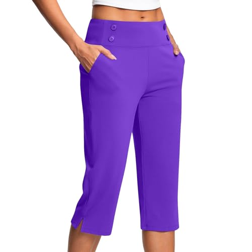 Yogahose mit hoher Taille, 3/4-Länge für Damen, Stretch-Sport-Leggings mit Taschen, Seitenknopf-Detail, Übergröße, lässige Arbeitshose, Mode, Fitness, Sieben Hosen (Lila, XL) von SPSMOKH