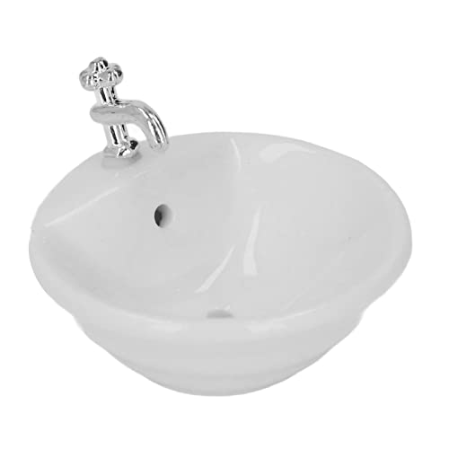 Miniatur-Waschbecken, weiß, Miniatur-Badezimmer, handgefertigt, realistisch, elegant, für Puppenhaus-Accessoires (rund) von SPYMINNPOO