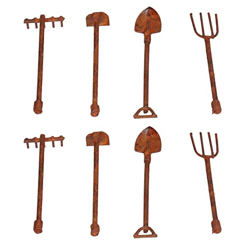 SPYMINNPOO 1:12 Puppenhaus-Landwirtschaftswerkzeuge, Miniatur-Set mit Schaufel, Hacke und Heugabel aus Rostigem Metall für Gartenlandschaft, DIY-Zubehör (4 Werkzeuge) von SPYMINNPOO