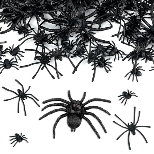 120 Stück Spinne Halloween Deko, 3 Größen Kunststoff Spinnen, Realistische Fake Spinne Streudeko, Gruselig Halloween Gummispinne Streich Requisiten für Halloween Party von SREBIWO