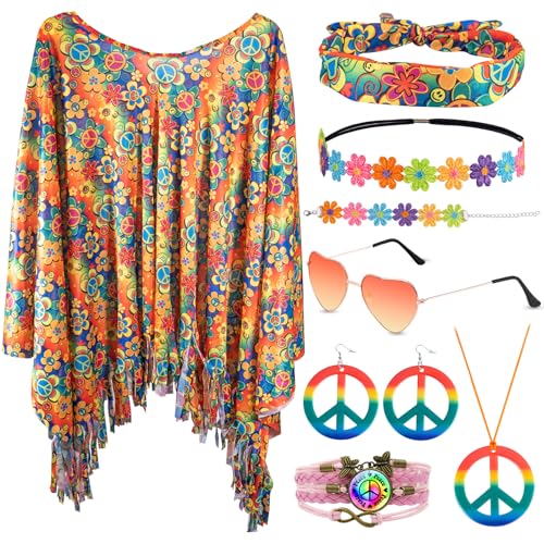 8 Stück Hippie Kostüm Damen Set mit Hippie Poncho Frieden Zeichen Halskette Ohrringe Stirnband Armbänder Sonnenbrillen 60er 70er Jahre Hippie Kleidung Faschingskostüme Damen Flower Power für Karneval von SREBIWO