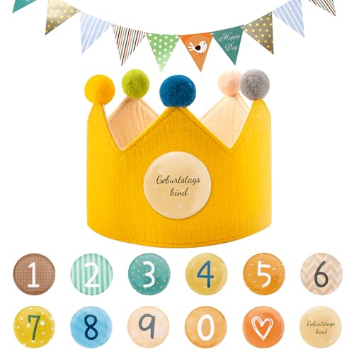 SREBIWO Geburtstagskrone Mädchen & Junge aus Musselin mit Geburtstagsbanner,Geburtstagskrone für Kinder,Krone aus Button Zahlen von 0-9,Krone Geburtstag Jungen Mädchen für den Kindergeburtstag (Gelb) von SREBIWO