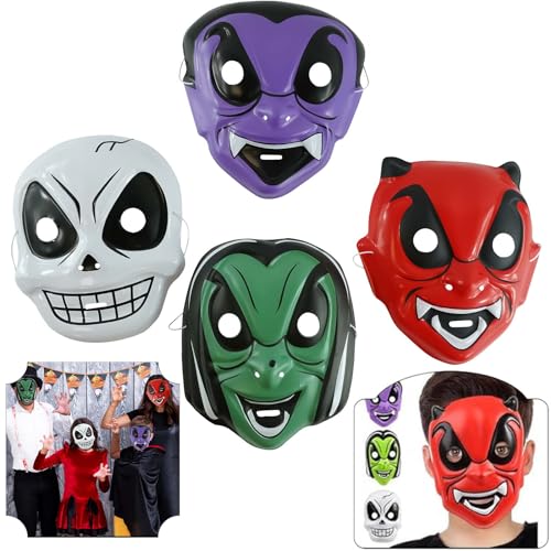 4 x Halloween-Gesichtsmasken für Kinder, Skelett, Vampir, Teufel, Dracula, Anonymes Halloween-Kostüm, Kinderkostüm, Kunststoff, Jungen, Gesichtsbedeckungen, Kostüm, Party-Requisiten – Einheitsgröße 4 x Halloween-Gesichtsmasken für Kinder, Skelett, Vampir, Teufel, Dracula, Anonymes Halloween-Kostüm, Kinderkostüm, Kunststoff, Jungen, Gesichtsbedeckungen, Kostüm, Party-Requisiten – Einheitsgröße von SRV Hub