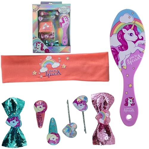 8-teiliges Einhorn-Haarschmuck-Geschenk-Set für Mädchen – Pailletten-Schleifen-Clips, Haarbürste, buntes Haarwickelband & Styling-Werkzeuge – perfektes Weihnachts- oder Geburtstagsgeschenk für Mädchen 8-teiliges Einhorn-Haarschmuck-Geschenk-Set für Mädchen – Pailletten-Schleifen-Clips, Haarbürste, buntes Haarwickelband & Styling-Werkzeuge – perfektes Weihnachts- oder Geburtstagsgeschenk für Mädchen von SRV Hub