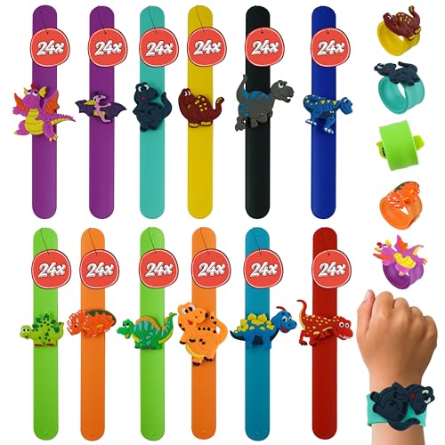 SRV Hub 24x Zufällige Kinder Slap Armbänder, Dinosaurier Schnapparmbänder, Cartoon Slap Ringe Kinder Slap Band Kinder Spielen Armbänder Armbänder für Mädchen Geburtstag - Dino Party Favors von SRV Hub