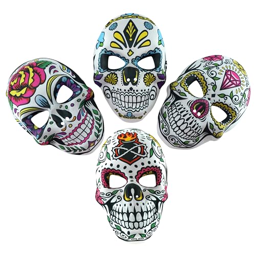 SRV Hub 4 x Tag der Toten Candy Skull Masken EVA Sugar Skull Vollgesichtsmasken Mexiko Partys Maskerade Requisiten Halloween Kostüm für Damen Herren von SRV Hub