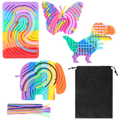 SRunDe 4 Stück Sensorik Spielzeug Activity Board Silikon mit 1 Reisetasche 44 Silikonstreifen Doppelseitiges Sensorisches Spielzeug Sensory Fidget Board Autismus Spielzeuge ADHD für Kinder Erwachsene von SRunDe