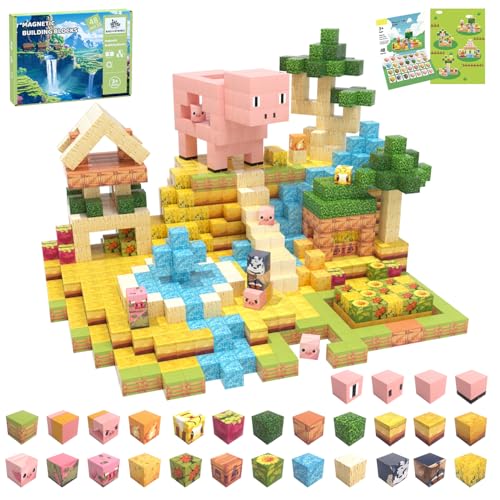 SSAWER Magnetische Bausteine, 48 Stück Magnetblöcke für Kinder, Magnetische Bauwelt Spielzeug Geschenke für Kinder Jungen und Mädchen ab 3 Jahren, 1 Inch (Schweinehaus) von SSAWER