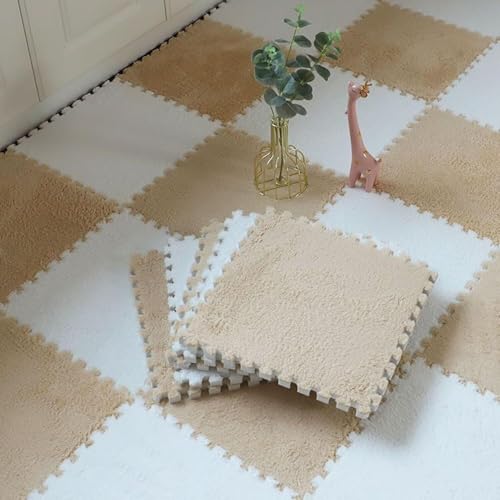 Ineinandergreifender Teppich Ineinandergreifende Schaumstoff-Bodenfliesen, Puzzle-Fußmatten, 12 x 12 x 0,4 Zoll große, verdickte, weiche, quadratische Plüschteppiche Dekoration(Apricot+white,20pcs) von SSDDLZEQ