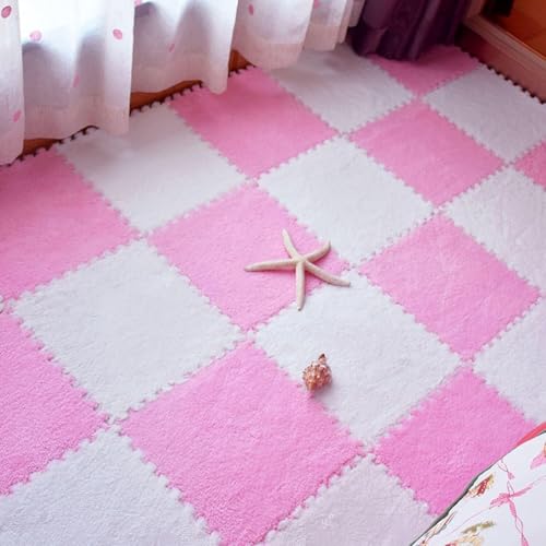 Ineinandergreifender Teppich Ineinandergreifende Schaumstoff-Bodenfliesen, Puzzle-Fußmatten, 12 x 12 x 0,4 Zoll große, verdickte, weiche, quadratische Plüschteppiche Dekoration(Pink+white,20pcs) von SSDDLZEQ
