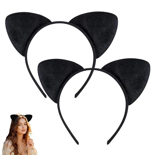 2 Stück Katzenohren Haarreif Erwachsene, Cat Ears, Katzen Ohren, Katzenohren Haarreif Kinder, Katzenohren Stirnband, Cat Ears Headband, für Mädchen Damen Karneval Fasching Party Cosplay(Schwarz) von SSHUIKKAI