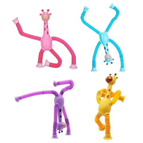 SSHUIKKAI 4 Stück Saugnapf Spielzeug Baby, Teleskop Saugnapf Giraffe Spielzeug, Telescopic Suction Cup Giraffe Toy, für Kinder Erwachsene(Blau/Rosa/Lila/Gelb Je 1) von SSHUIKKAI