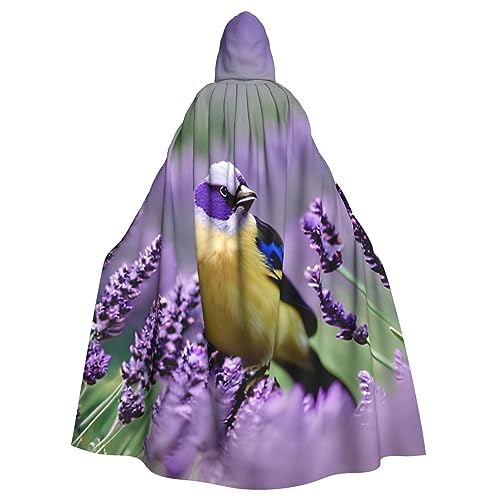SSIMOO Dekorativer Umhang mit abstraktem Kreis und Wirbeln, für Erwachsene, Halloween-Kapuzenumhang, Cosplay-Kostüm-Umhang, Vogel in lila Lavendel Blumen, Einheitsgröße von SSIMOO