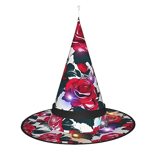 SSIMOO Halloween-Hexenhut für Damen, mit Rosenblütenmotiv, LED-beleuchtet, ideal für Partys und Rollenspiele von SSIMOO