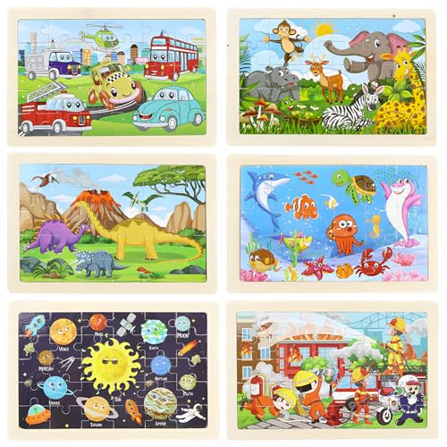 SJkeji kinderpuzzle geeignet für Kinder ab 3, 4, 5, 6 Jahren und älter, 6x30 Teile Holzpuzzle, Dinosaurier, Tiere, Feuerwehr, Meer, Weltraum, Fahrzeuge, pädagogisches Spielzeug für Vorschulkinder, Ges von SSJkeji