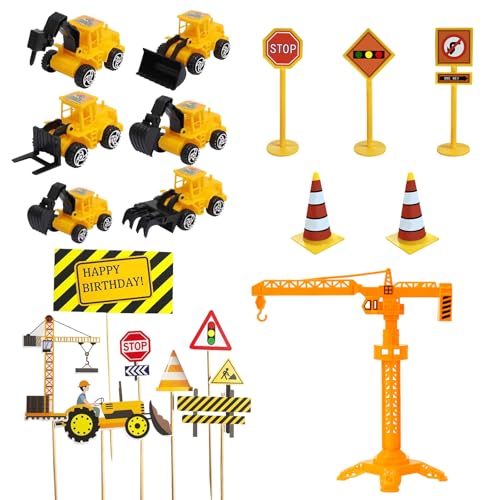 SSKHE 13 Pcs Bagger Tortendeko Set, Baustellenfahrzeuge Deko für Kindergeburtstag (Junge, 2 Jahre & Älter), Passend für Geburtstagsfeiern & Events von SSKHE