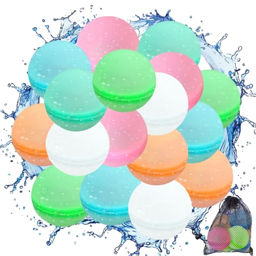SSKHE 18 Stück wiederverwendbare Silikon-Wasserballons mit schwarzer Mesh-Tasche, für den Sommer Pool Beach Outdoor, Spaß Party Spiele, für Kinder & Erwachsene von SSKHE