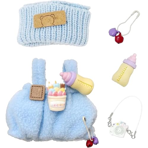 SSKHE 3 Stück Outfit Set für 17cm Labubu Puppen, enthält Hut + Pullover + Kamera Zubehör, niedliche Plüsch Kleidung Zubehör, Keine Puppe enthalten, geeignet für 17cm Puppe (Blau) von SSKHE