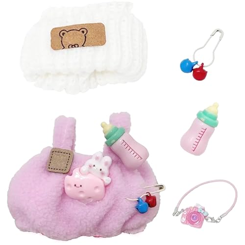 SSKHE 3 Stück Outfit Set für 17cm Labubu Puppen, enthält Hut + Pullover + Kamera Zubehör, niedliche Plüsch Kleidung Zubehör, Keine Puppe enthalten, geeignet für 17cm Puppe (Rosa) von SSKHE