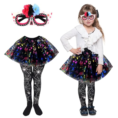 SSKHE 3er Set Skelett Kostüm für kleines Mädchen, 30 cm Rock mit Socken Maske, Totenköpfe Muster, Horror Outfit für Kinder Zubehör Verkleidung Requisiten für Halloween Karneval Partys von SSKHE