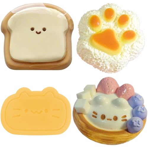 SSKHE 4 Stück Fufu Squishy Set, Kitten Egg Tarts + Karamell Käse + Reisball Cat Paws + Toast, Taba Squishy, Squeeze Toy, geeignet für alle Altersgruppen, niedliches Stressabbau-Spielzeug, um Stress von SSKHE