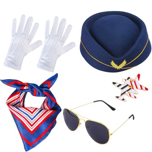 SSKHE 4 Stück Profi Flugbegleiter Kostüm Damen Thema Karneval Kostüm One-Stop Set mit Hut Handschuhe Brosche Geeignet für Rollenspiele Karneval Aktivitäten von SSKHE