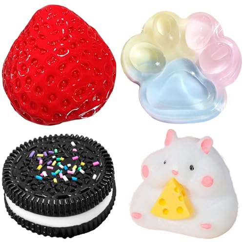 SSKHE 4 Stück Taba Squishy Set, Erdbeere + Hamster + Katze Paw + Hamster + Oreo, Fufu Squishy Toy Squishes Set für Stressabbau Sensory Play Fidget Geschenke für Kinder oder Erwachsene von SSKHE