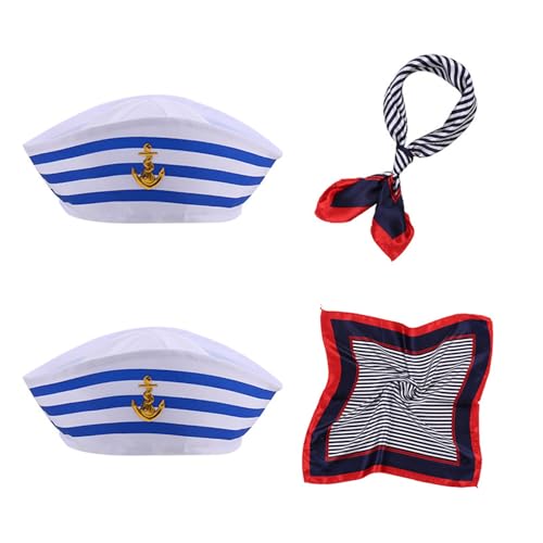 SSKHE 4 Stücke Streifen Matrosenmütze und Schal Set,Kapitän Matrosen Kostüm Set,Nautisches Matrosen-Set,Yachtkapitän-Mütze,Maritimes 3-teiliges Set für Damen und Herren, Kostümzubehör SSKHE 4 Stücke Streifen Matrosenmütze und Schal Set,Kapitän Matrosen Kostüm Set,Nautisches Matrosen-Set,Yachtkapitän-Mütze,Maritimes 3-teiliges Set für Damen und Herren, Kostümzubehör von SSKHE