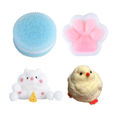 SSKHE 4er Set Taba Squishy - blau Kekse + rosa-weiße Katzenpfote + gelbes Küken + cremefarbener Hampster | Anti-Stress-Spielzeug zur Linderung von Angstzuständen von SSKHE