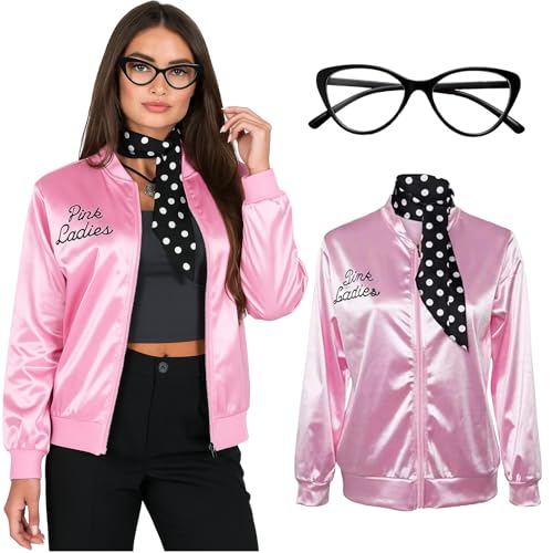 SSKHE Damen Rosa Grease Jacke mit Hals Schal Brille, Halloween Cosplay Kostüm Fancy Kleid, 1950er Jahre Rosa Satin Jacke Outfit für Frauen Festival Karneval Weihnachten 80er Party von SSKHE